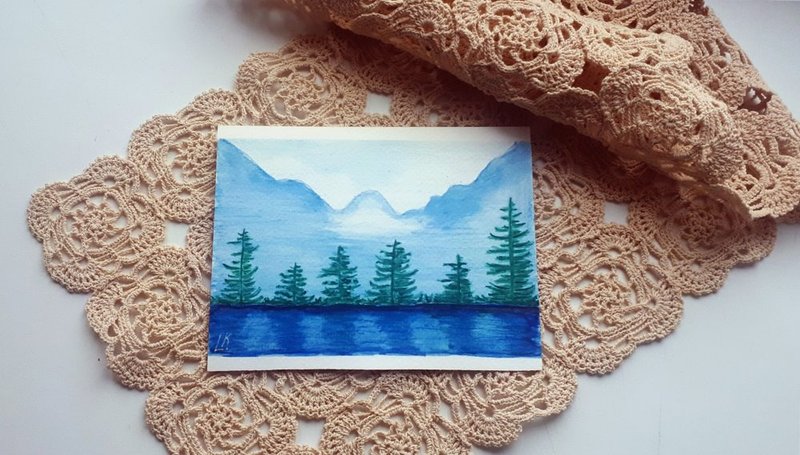 Mountains Lake Watercolor Landscape  Painting,  Original Artwork  on  Paper - ตกแต่งผนัง - กระดาษ หลากหลายสี