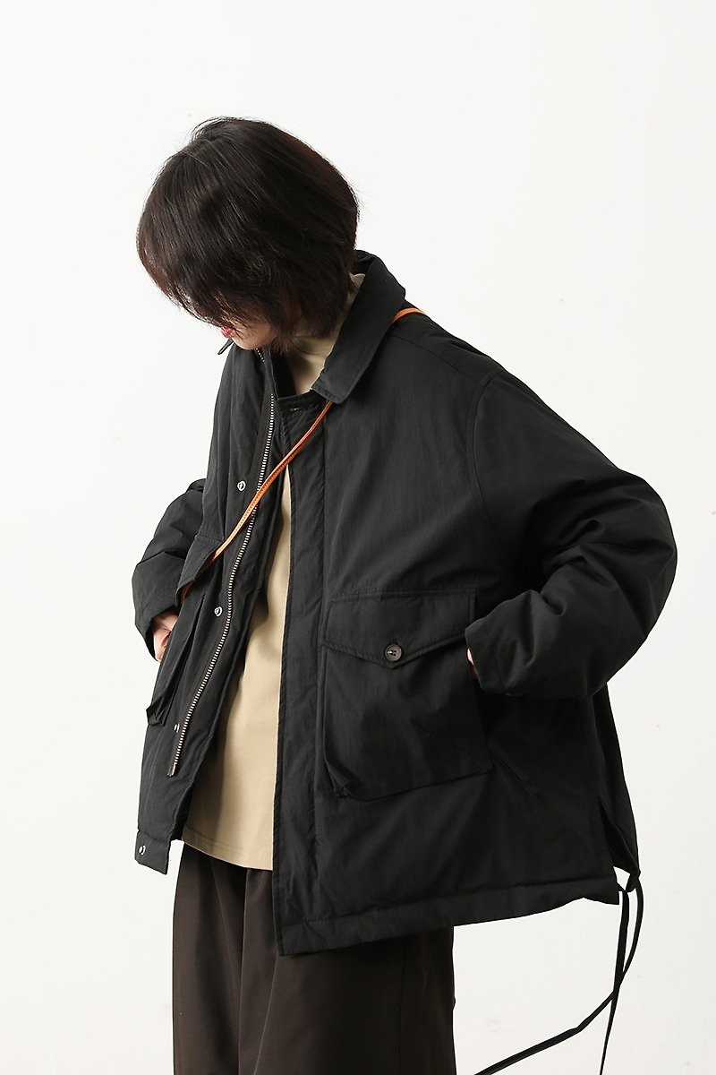 Black 3 colors 90% white duck down lapel pocket down jacket neutral Japanese loose cotton jacket M-2XL - เสื้อแจ็คเก็ต - ไฟเบอร์อื่นๆ สีดำ