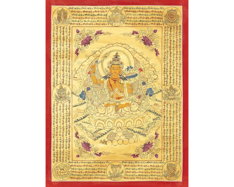 金色文殊師利唐卡 – 飾以金箔的正宗喜馬拉雅繪畫艺术品 - 壁貼/牆壁裝飾 - 其他材質 多色