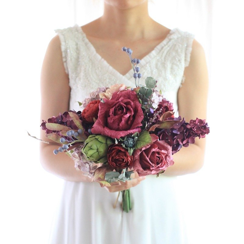 MB213 : Bridal Wedding Bouquet, Wild Burgundy - Wood, Bamboo & Paper - Paper Red