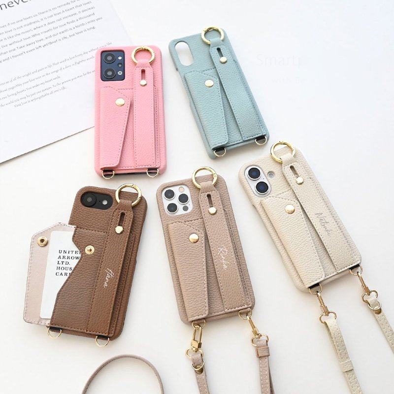 手機肩背包 多機型適用 簡約風 【附掛繩 手機殼 訂製姓名】 卡槽支架功能 漸層色調 BE19U - 手機殼/手機套 - 真皮 咖啡色