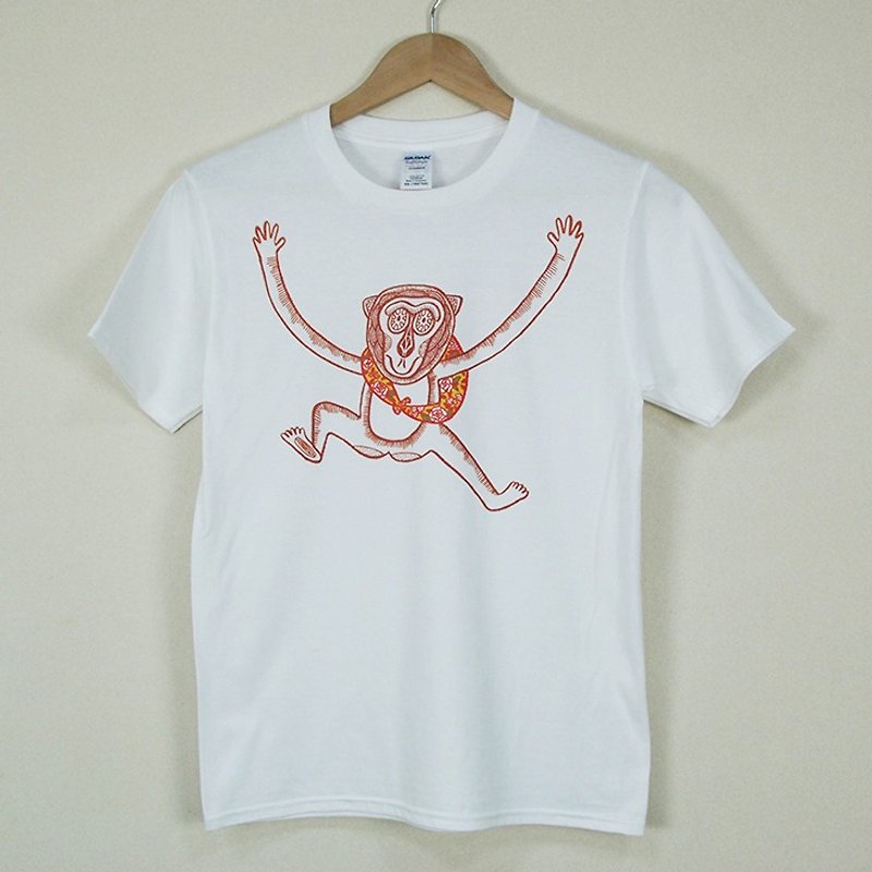 新創設計師-T恤：【猴子】短袖T-shirt《中性/修身》(白) -陳孟如 - 帽T/大學T - 棉．麻 橘色