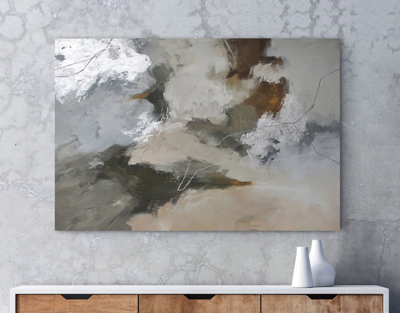 Taupe Painting | Taupe Abstract Art | Brown and Silver Painting | Flock 2 - 壁貼/牆壁裝飾 - 棉．麻 咖啡色