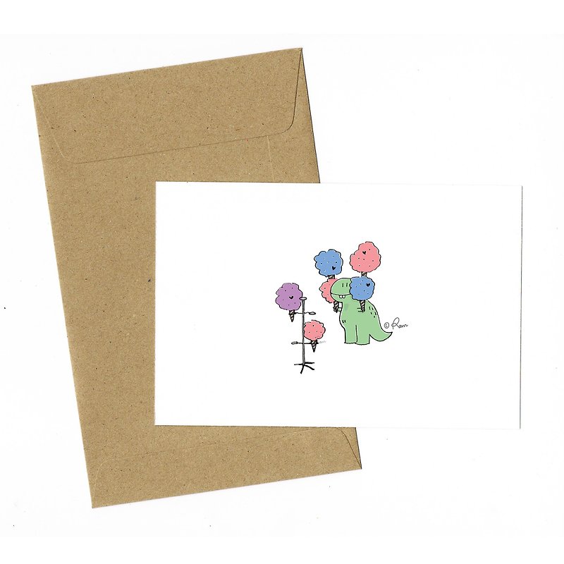 Dinosaur Cotton Candy Card with envelope - 心意卡/卡片 - 紙 白色