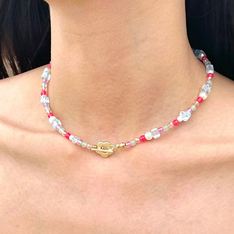 Necklace La Bella • 18k Gold Jewelry • Blue Pink Flower Agate Stones - Necklaces - 24K Gold Multicolor