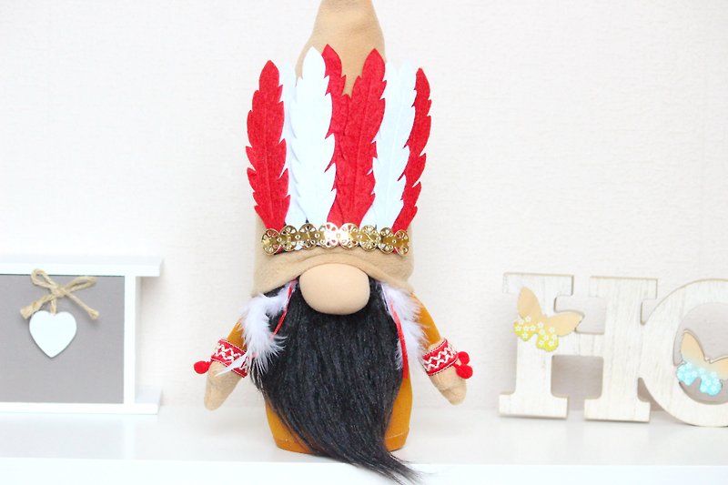 Indian Gnome Boy / Thanksgiving decor /  Fall Gift / Scandinavian gnome - 公仔模型 - 其他材質 咖啡色