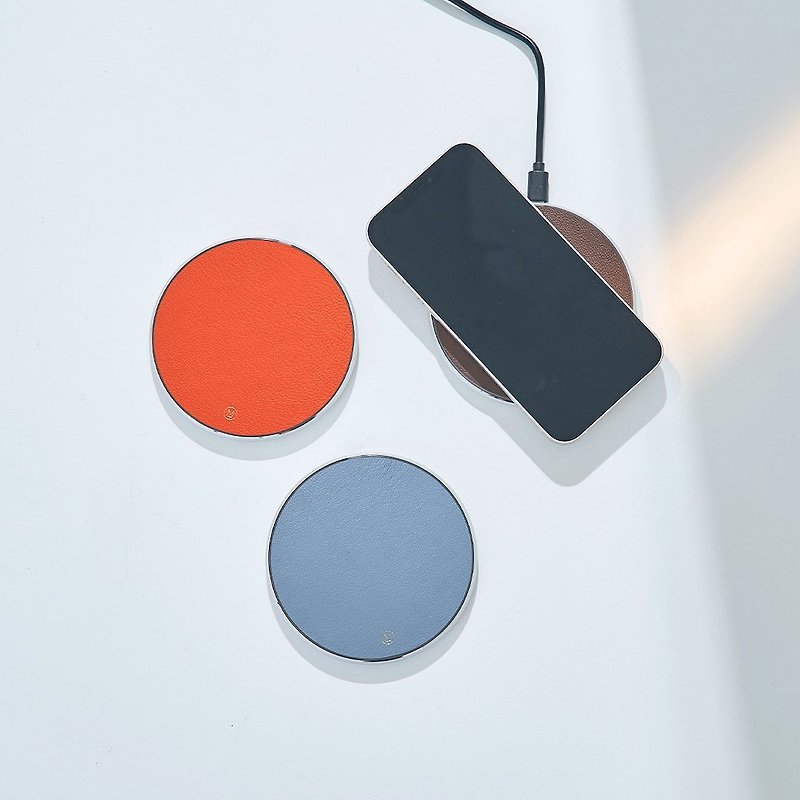 Customized Gift Genuine Leather Gray Blue Macaron Wireless Charging Disk Charging Cable