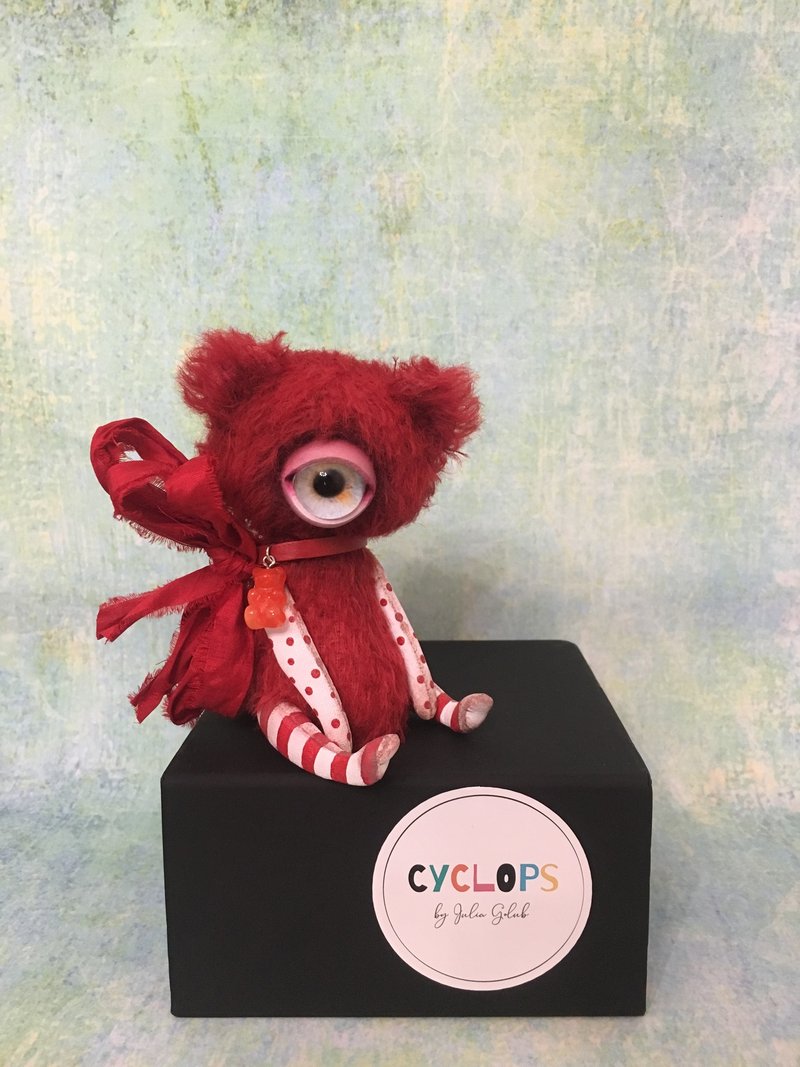 Author ooak red teddy bear - cyclops, artist teddy bear, teddy bear friend - 玩偶/公仔 - 其他材質 紅色