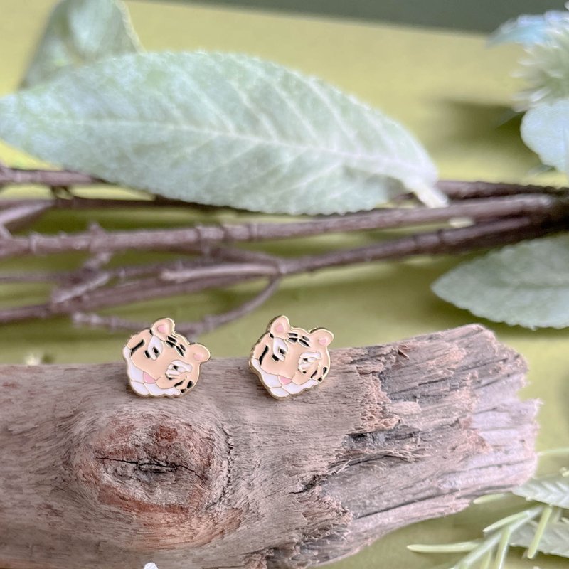 老虎 虎年收藏 新年禮物 華南虎 瀕臨絕跡 夾式耳環 生日禮物 - 耳環/耳夾 - 琺瑯 黃色