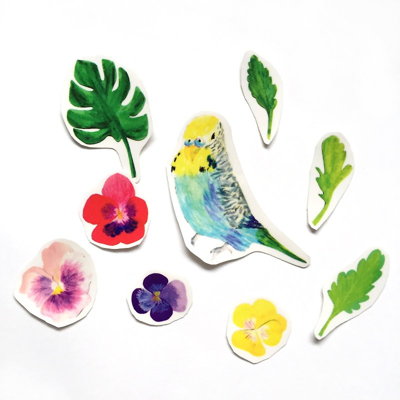 Parakeet Monstera Leave Tropical Flowers Clear Sticker Pack - Stickers - Plastic Green