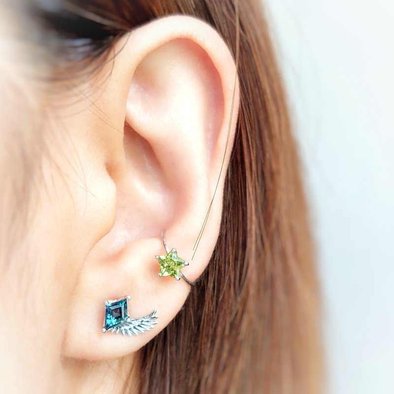 飛翔小翼菱形倫敦藍托帕石電鍍18K白金純銀耳環 - 耳環/耳夾/耳骨夾 - 純銀 藍色