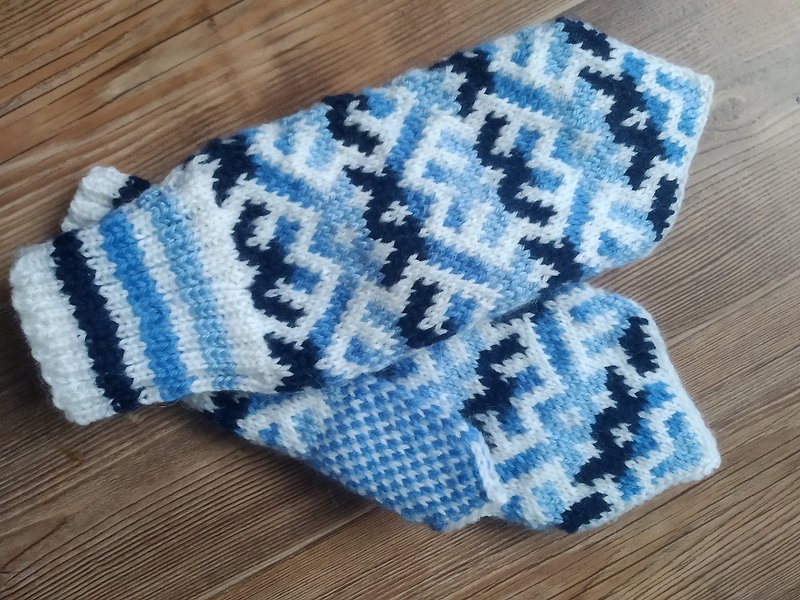 Women's hand-knitted wool mittens are very warm with a pattern - 手套/手襪 - 羊毛 藍色