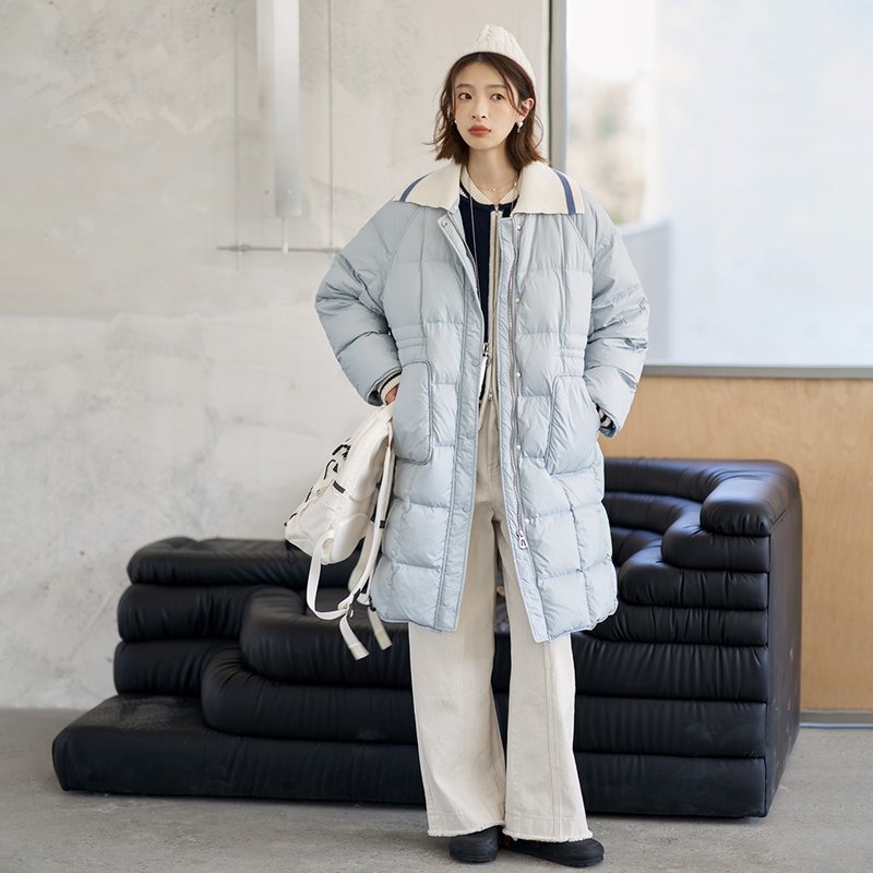 針織領長款羽絨服|外套|兩色|秋冬款|Sora-1355 - 女大衣/外套 - 其他人造纖維 多色