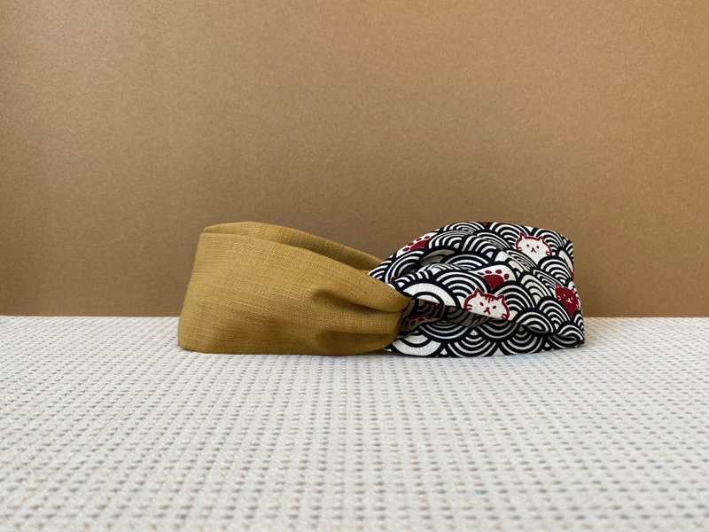 Shuangpin headband / black wave meow-khaki - ที่คาดผม - ผ้าฝ้าย/ผ้าลินิน สีเหลือง