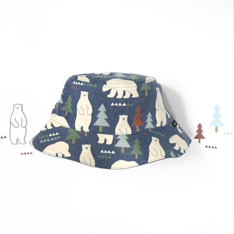Warm sanded double-sided fisherman hat - Polar Bear Forest (blue) - หมวก - ผ้าฝ้าย/ผ้าลินิน สีน้ำเงิน