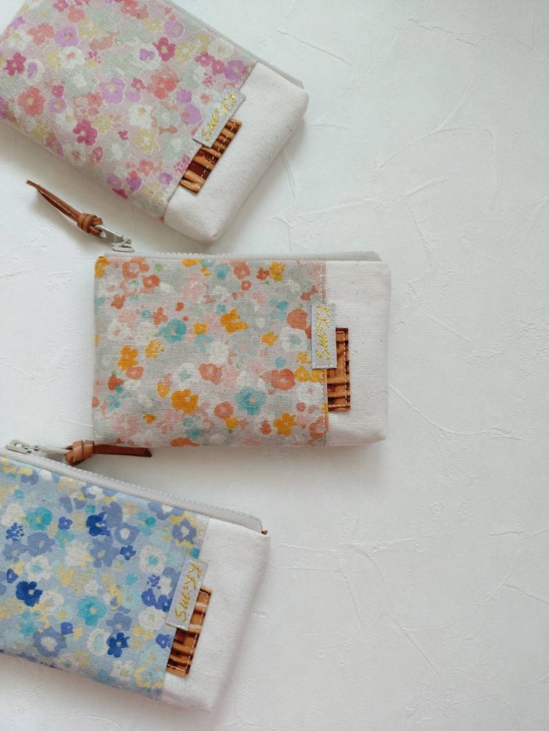 [FWL/Double Layer Small Wallet] Watercolor Flowers Three Colors Japanese Canvas Realistic Bamboo Basket Cloth - Coin Purses - Cotton & Hemp Multicolor