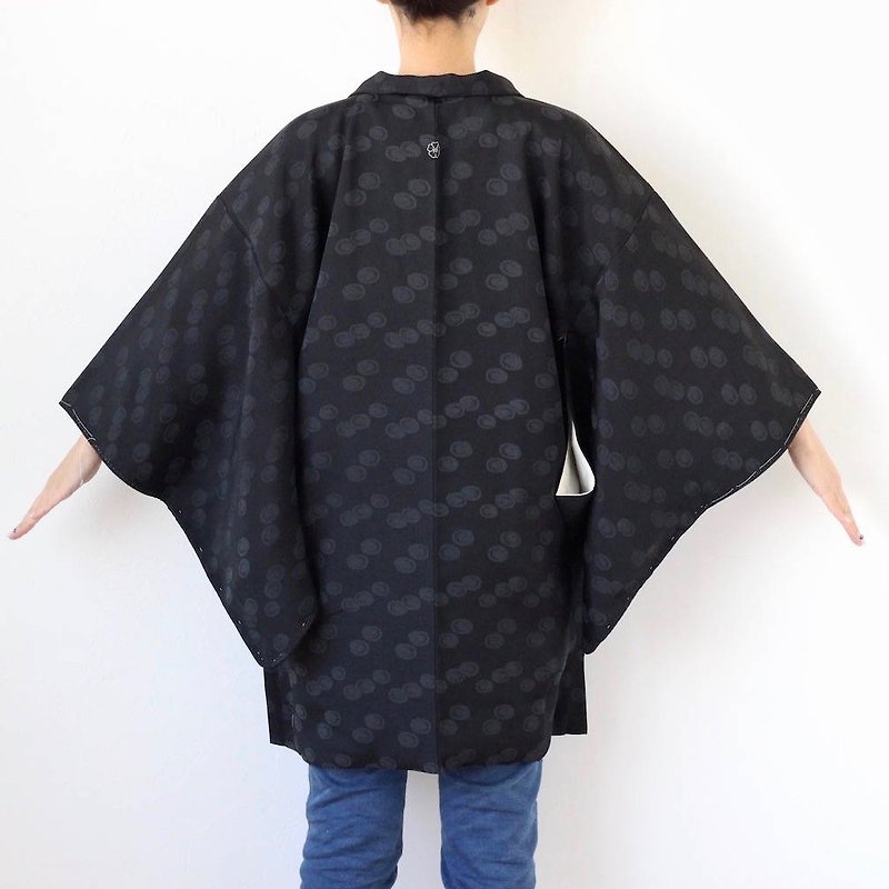 polka dots kimono, EXCELLENT VINTAGE, black kimono, haori, kimono /2989 - 女大衣/外套 - 絲．絹 黑色