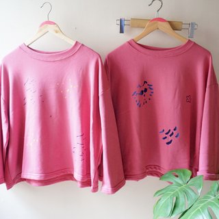 Good-looking cute berry pink hand-printed round neck top puppy / shiny