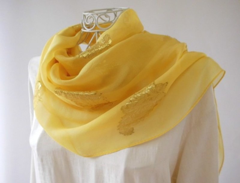 Silk · Gold lame · marigold dyeing · long stall - Scarves - Silk Yellow