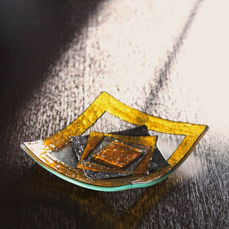 Art Deco Topaz Yellow Black Squares Painted Glass Trinket Dish - ของวางตกแต่ง - แก้ว สีเหลือง