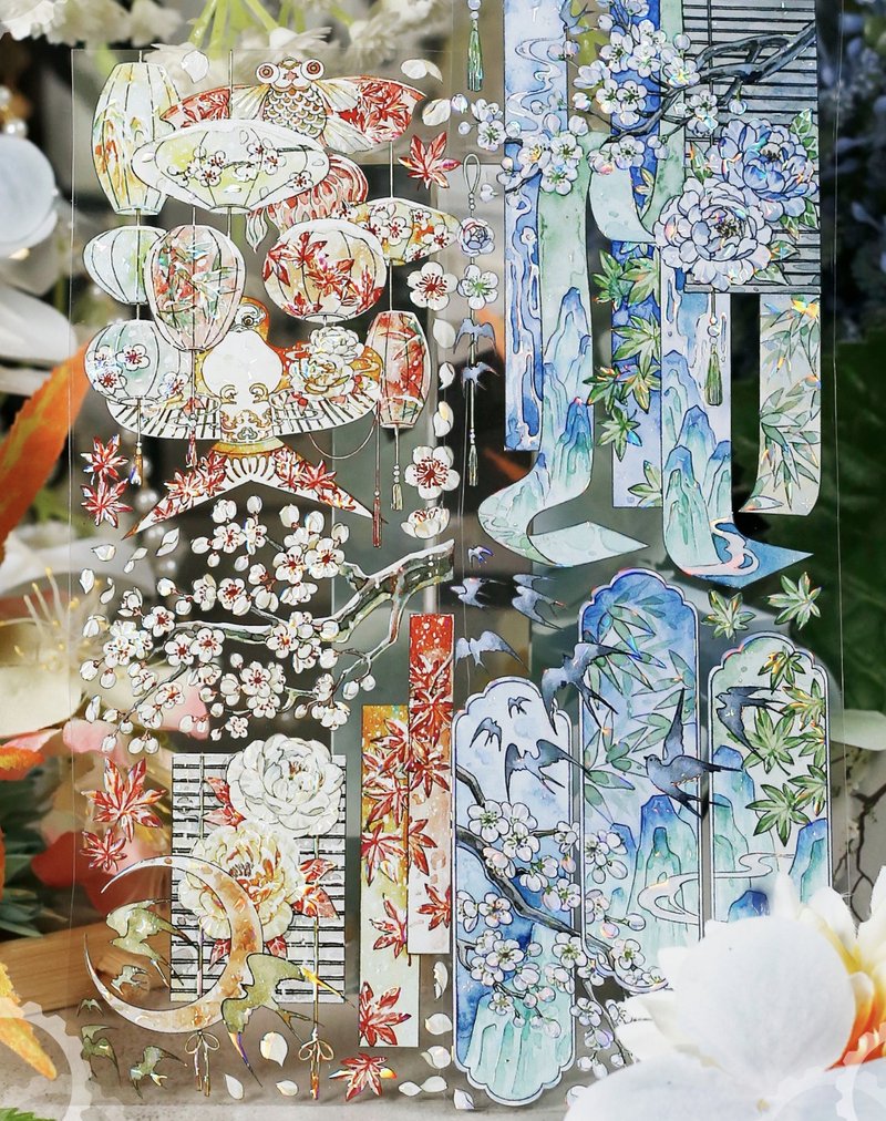青山胭脂雪 東方古風庭園造景 PET 和紙膠帶 貝殼光 10米卷 - 紙膠帶/和紙/PET - 其他材質 多色