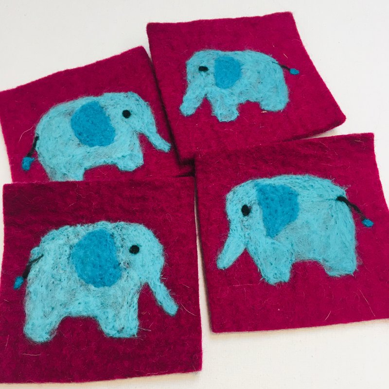 Elephant    - A set of 4 Needle Felted Coasters - Coasters - Wool 