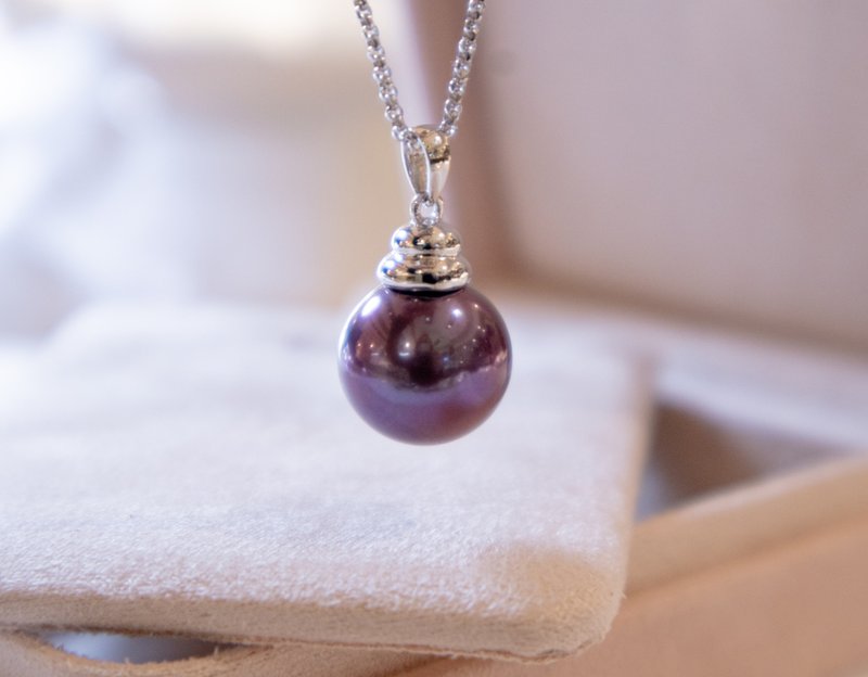 925純銀正圓12.5mm 天然淡水濃紫珍珠-光金蜜糖罐造型吊墜項鍊 - 項鍊 - 珍珠 紫色