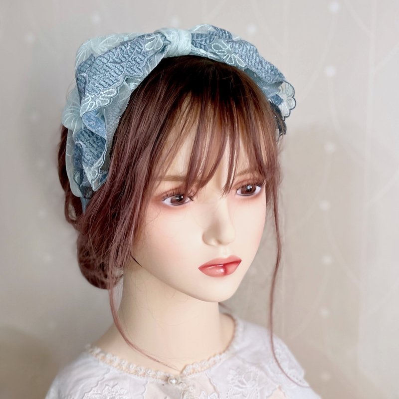 Big bow headband/headband wide version wide-brimmed headband style embroidered lace hair hole headband headband - ที่คาดผม - วัสดุอื่นๆ สีเขียว