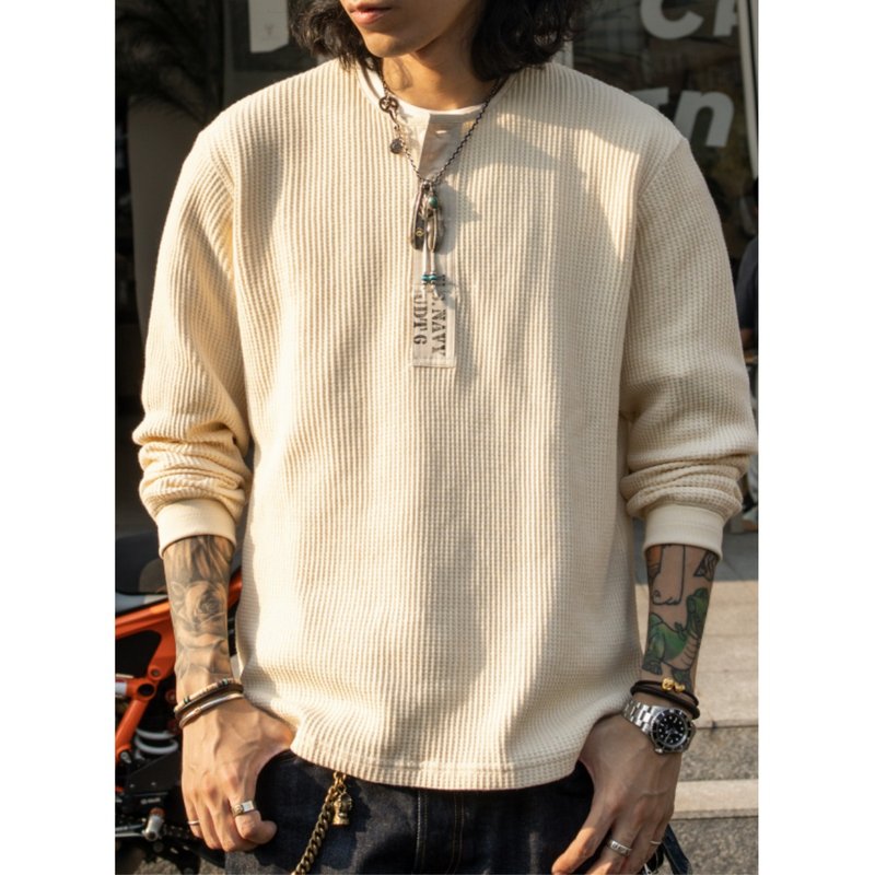 亨利領華夫格長袖上衣 原棉色 灰色 二戰 美軍 海軍 純棉 經典 - 男毛衣/針織衫 - 棉．麻 白色