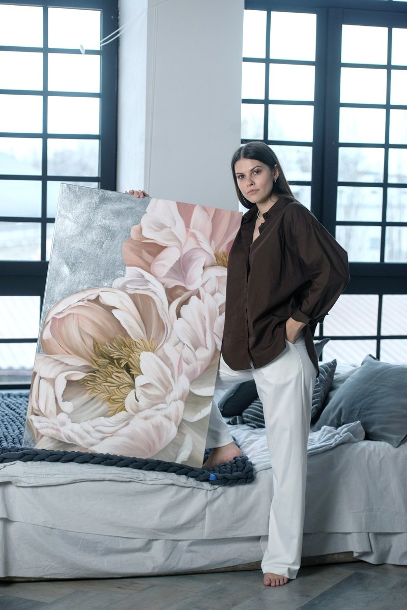 ピンクシルバーの絵画 | ピンクシルバーの抽象画 | ピンクのウォールアート | シルクフラワー - ウォールデコ・壁紙 - コットン・麻 ピンク