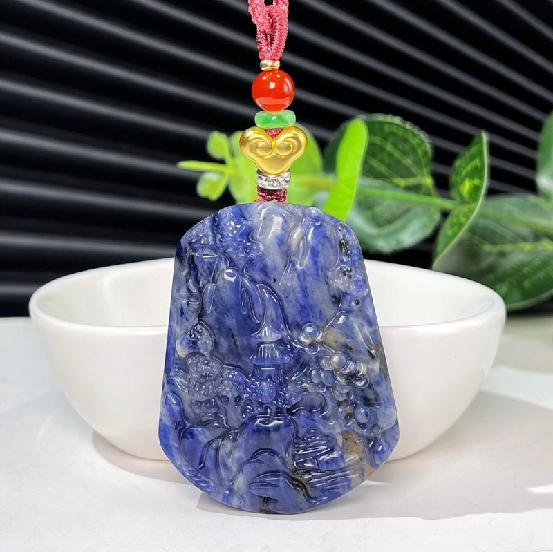 天然藍紋玉牛仔藍山水意境牌吊墜 藍白流水紋高山流水項鏈 靜謐 - 項鍊 - 半寶石 藍色