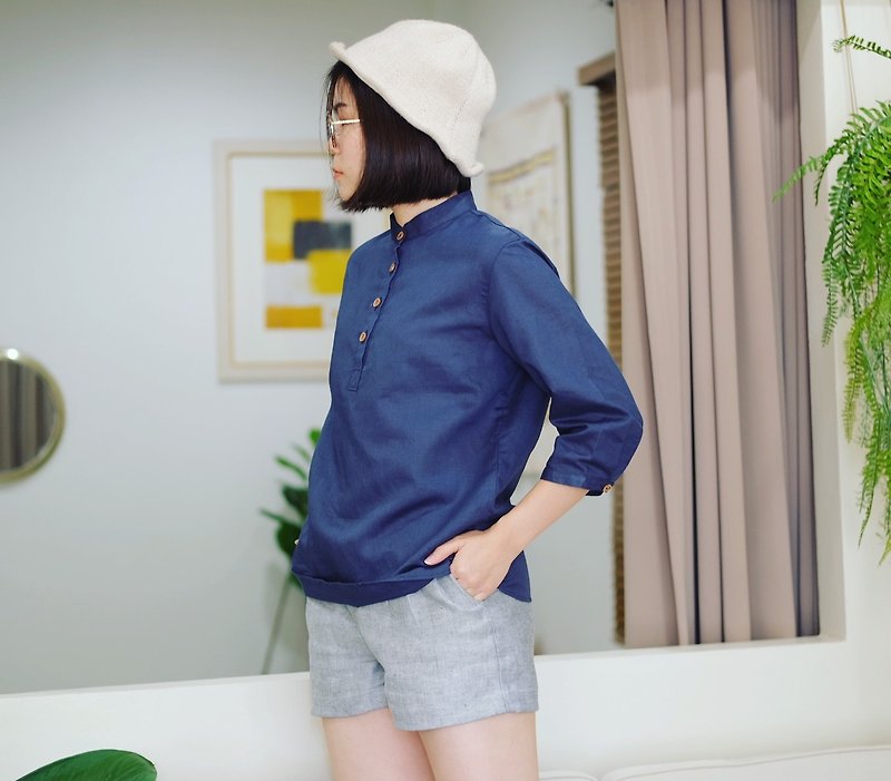 3/4 sleeves Shirt : Blue - 女上衣/長袖上衣 - 棉．麻 藍色