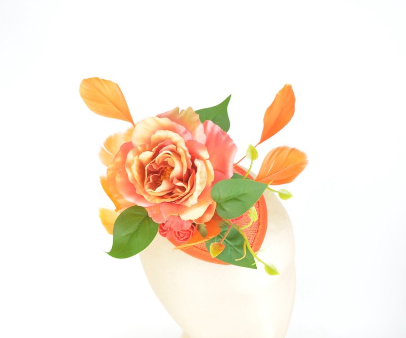 Headpiece Fascinator with Large Silk Roses and Statement Feathers in Orange - 髮夾/髮圈 - 其他材質 橘色