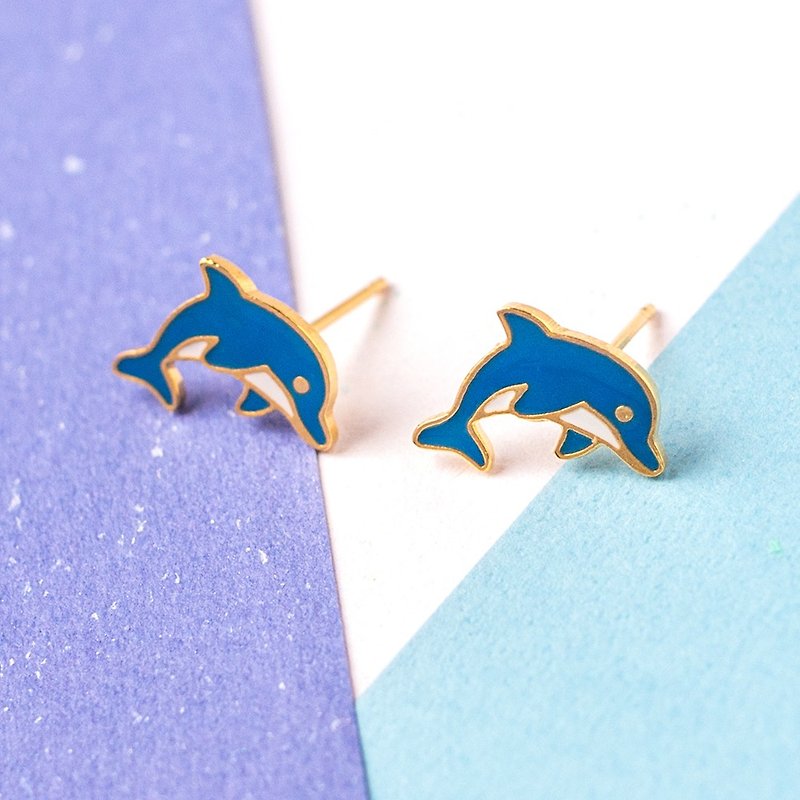 海豚  海洋系列 耳環 耳夾 - 耳環/耳夾 - 琺瑯 藍色