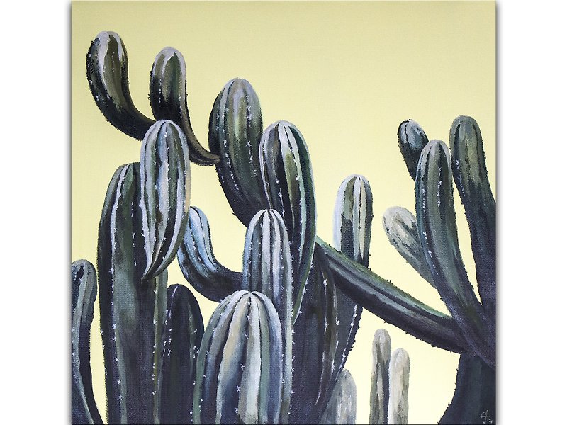 Cactus Painting Floral Original Art Flower Art Desert Large Acrylic Painting - โปสเตอร์ - วัสดุอื่นๆ สีเหลือง