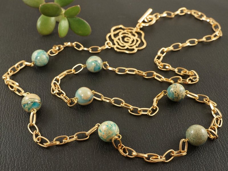 Teal Variscite Imperial Jasper Golden Rose Long Chain Toggle Necklace Jewelry - 項鍊 - 半寶石 綠色