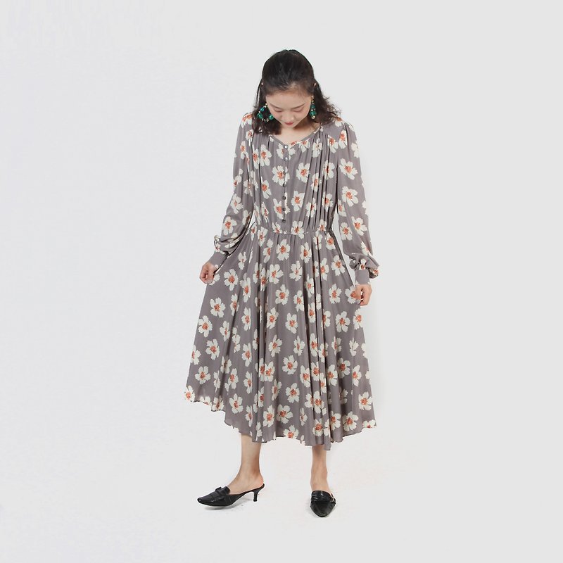 [Egg Plant Vintage] Cherry Blossom Season Print Vintage Dress - One Piece Dresses - Polyester 