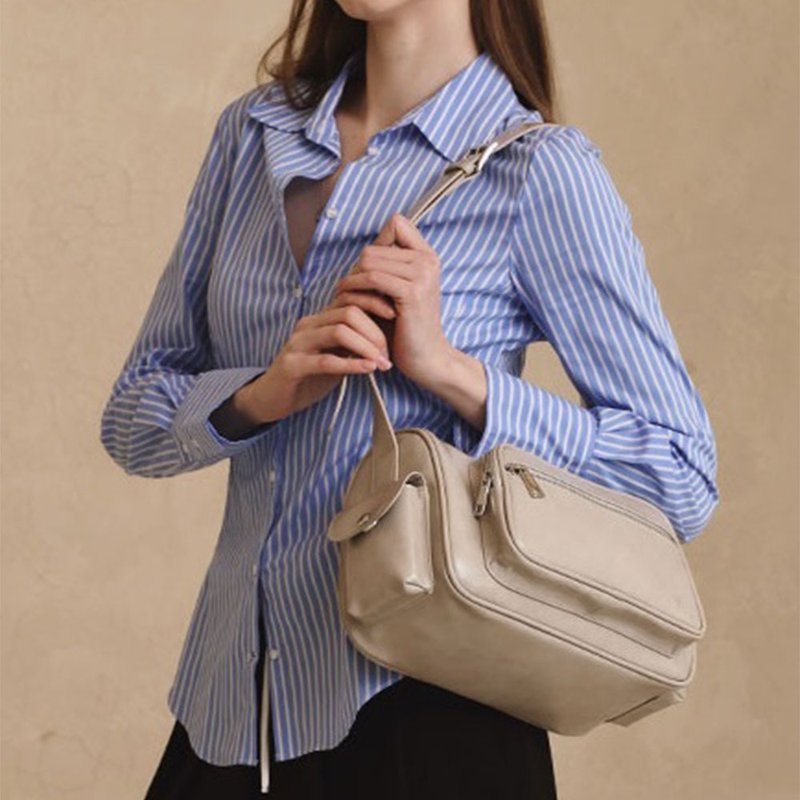 MUR Korean Block bag Vegan Leather Bag (Light Grey) - กระเป๋าแมสเซนเจอร์ - วัสดุอีโค 