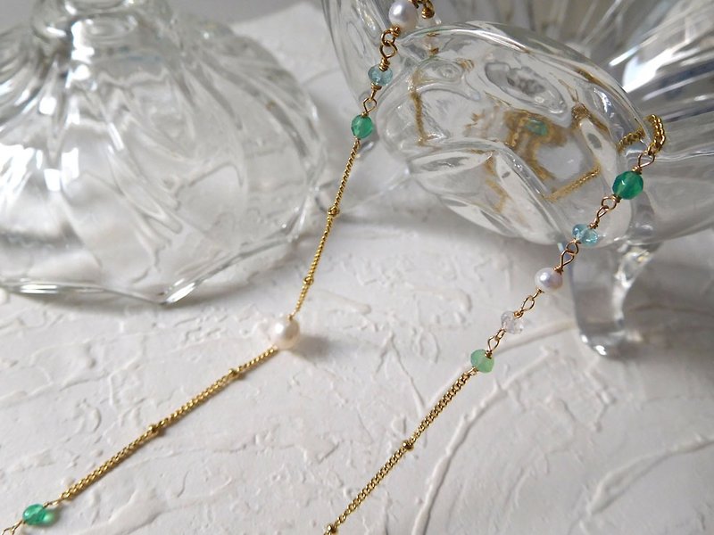 清新不對稱小寶石珍珠長鏈 另單獨加購10公分備練訂製下單 - 長項鍊 - 紙 綠色