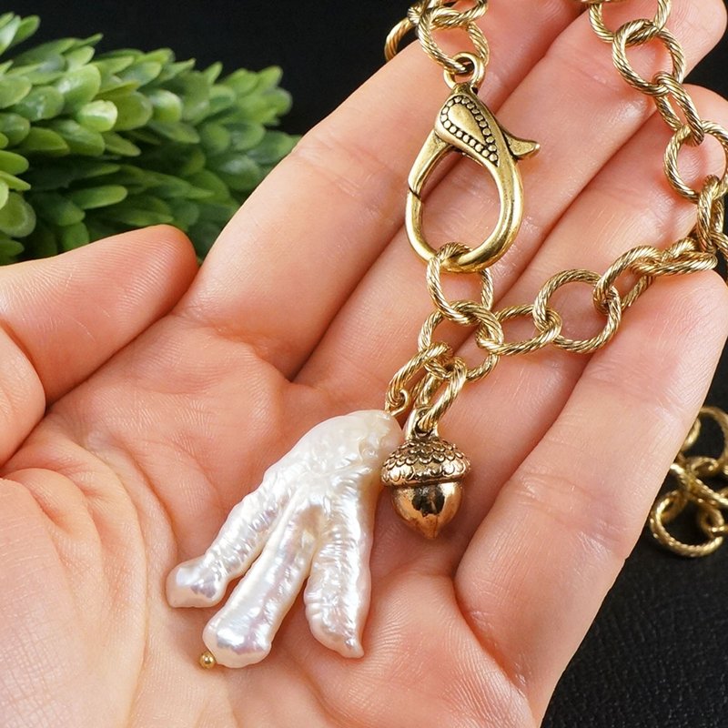 White Biwa Baroque Stick Branch Pearl Acorn Large Gold Chain Necklace Jewelry - สร้อยคอ - ไข่มุก ขาว