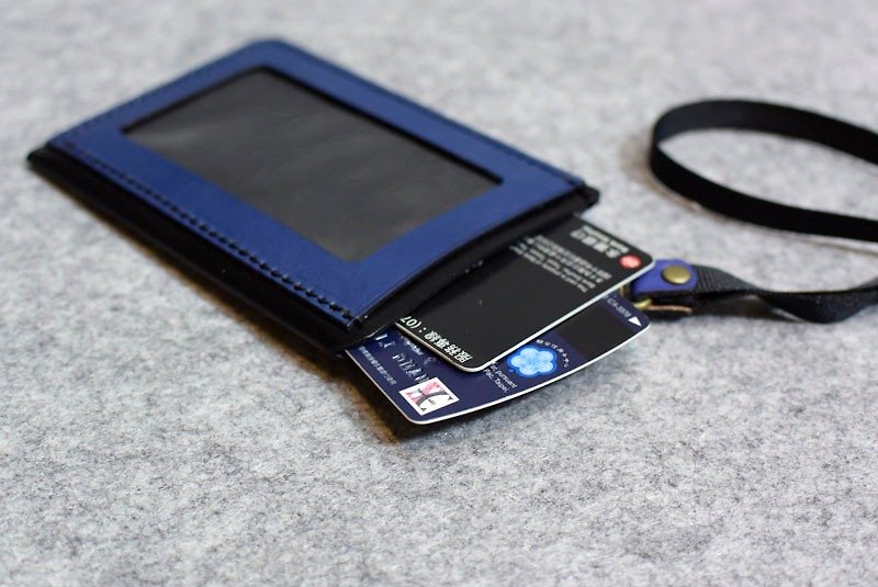 Three-pocket large-capacity document holder blue leather + personality black (including black thick woven neckband) - ที่ใส่บัตรคล้องคอ - หนังแท้ 