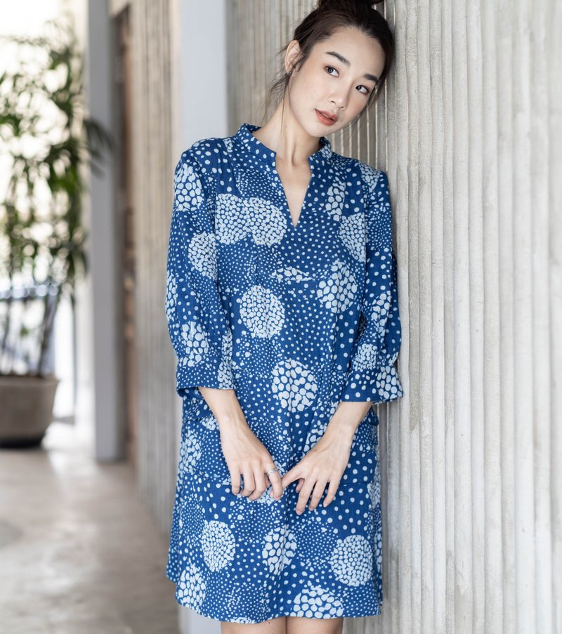 Natural cotton Dress with Cute Front Pockets Summer Dress - Indigo and White - One Piece Dresses - Cotton & Hemp Blue