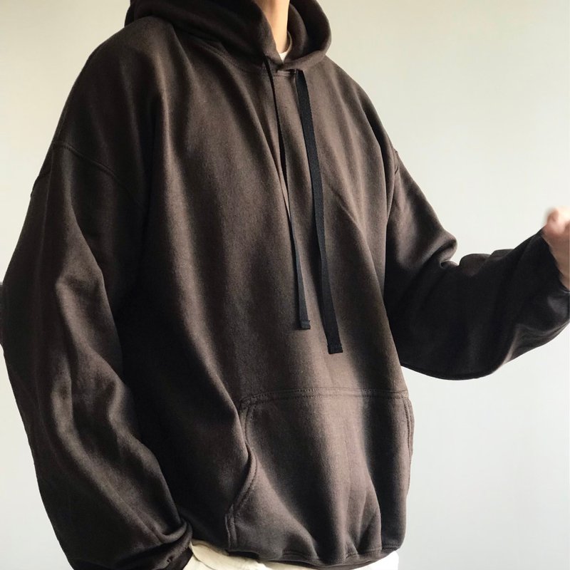 Big silhouette hoodie / choco brown / plain / hand embroidery / unisex - 帽T/大學T - 棉．麻 咖啡色