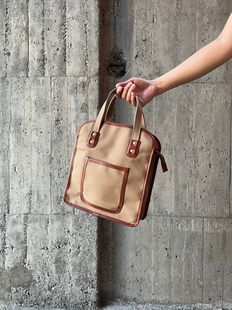 Leather Fan Xiao Tan Bag - Khaki[change the tide and change the bag] - Handbags & Totes - Cotton & Hemp Khaki