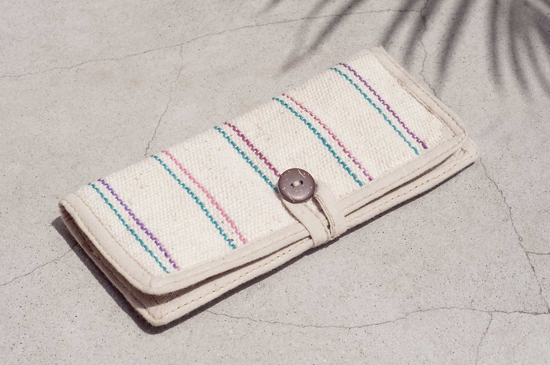 Handmade cotton and linen wallet / woven stitching leather long clip / long wallet / purse / woven wallet - color red strip - Wallets - Cotton & Hemp Multicolor