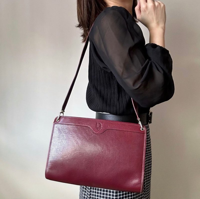 中古美品 Christian Dior 酒紅色牛皮手袋 - 手提包/手提袋 - 真皮 紅色
