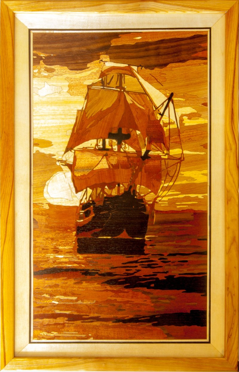 Sailing Ship seascape marine wood home decor rustic style inlay framed picture - 壁貼/牆壁裝飾 - 木頭 橘色