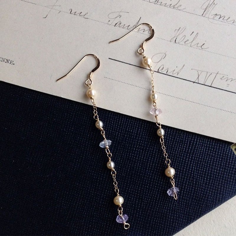 14kgf gem quality AAA button cut rose quartz + pink amethyst Long earrings OR earrings [ii-465] - Earrings & Clip-ons - Gemstone Pink