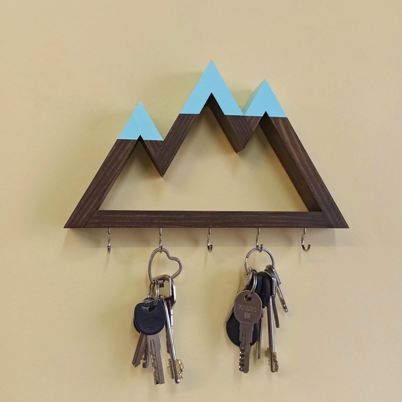 Wooden wall key holder Mountains peaks (turquoise tops) - 衣架/衣帽架/掛勾 - 木頭 