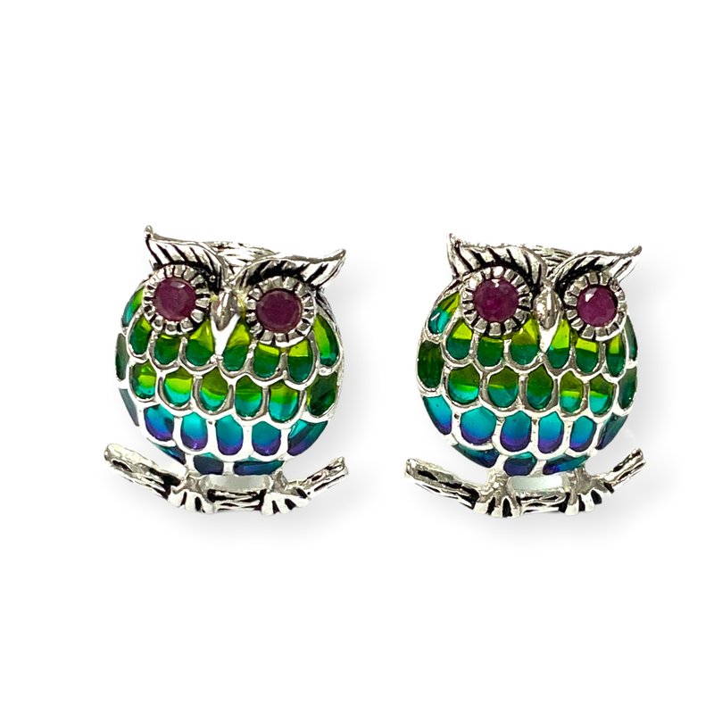 Art Nouveau Plique A Jour Owl with Ruby Cufflinks 925 Sterling Silver Mens Gift - กระดุมข้อมือ - เงินแท้ 